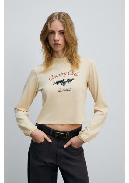 TIMBALI Kadın %100 Pamuk Yumuşak Kumaşlı Baskılı Kol Ucu Lastikli Balon Kollu Krem T-Shirt