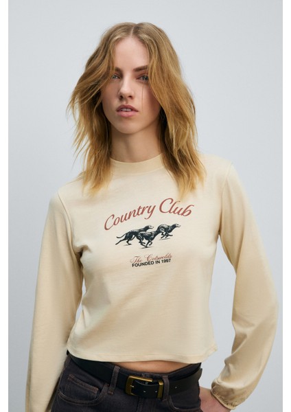 TIMBALI Kadın %100 Pamuk Yumuşak Kumaşlı Baskılı Kol Ucu Lastikli Balon Kollu Krem T-Shirt fiyatları