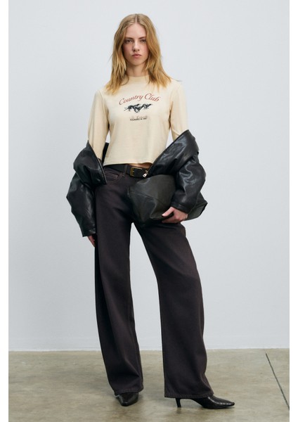 TIMBALI Kadın %100 Pamuk Yumuşak Kumaşlı Baskılı Kol Ucu Lastikli Balon Kollu Krem T-Shirt fırsatları