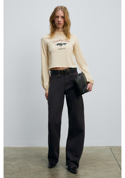 TIMBALI Kadın %100 Pamuk Yumuşak Kumaşlı Baskılı Kol Ucu Lastikli Balon Kollu Krem T-Shirt indirimleri