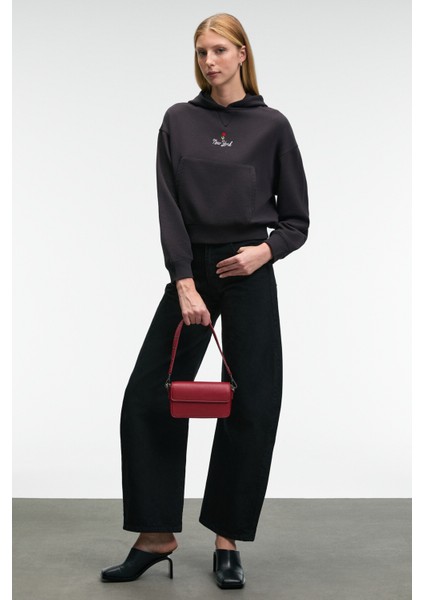 ISADORA Kadın Kapüşonlu Nakış Detaylı Regular Fit Crop Antrasit Sweatshirt indirimleri