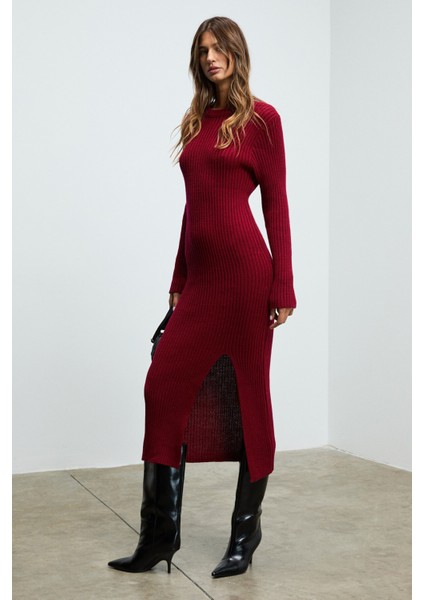 SOREYA Kadın Yuvarlak Yaka Çizgi Desenli Yırtmaçlı Slim Fit Triko Bordo Elbise modelleri