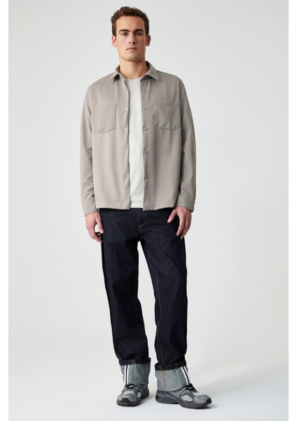 JAKARI Erkek Regular Fit Standart Kesim Klasik Yaka Desenli Çıtçıtlı Bej Gömlek