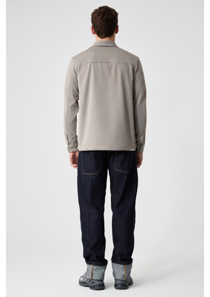 JAKARI Erkek Regular Fit Standart Kesim Klasik Yaka Desenli Çıtçıtlı Bej Gömlek