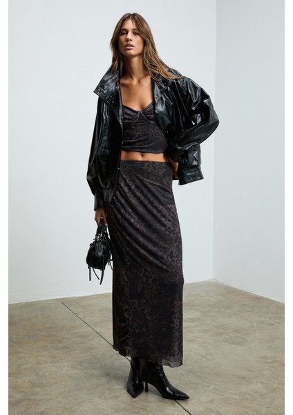 BEULAH Kadın Maxi Boy Slim Fit Beli Lastikli Tül Batik Desenli Siyah-Leopar Desenli Etek