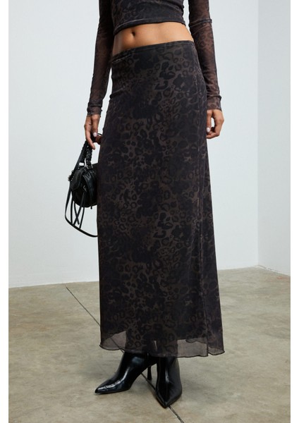BEULAH Kadın Maxi Boy Slim Fit Beli Lastikli Tül Batik Desenli Siyah-Leopar Desenli Etek modelleri