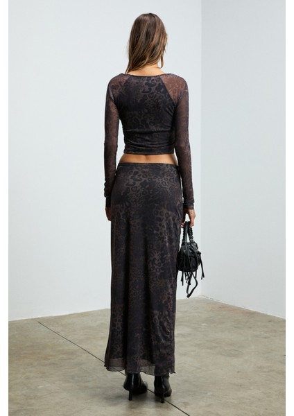 BEULAH Kadın Maxi Boy Slim Fit Beli Lastikli Tül Batik Desenli Siyah-Leopar Desenli Etek