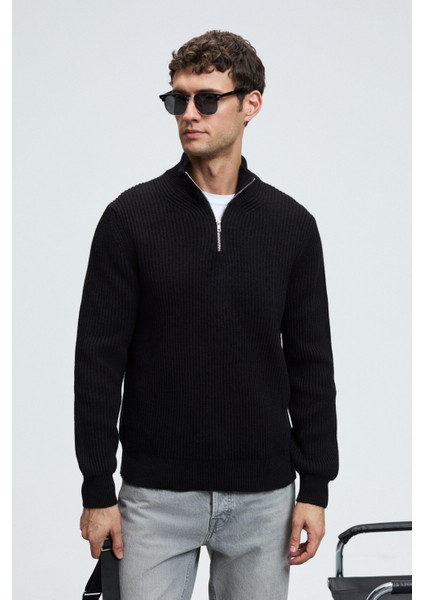 BERNARDO Erkek Yarım Fermuarlı Dik Yaka Triko Siyah Kazak