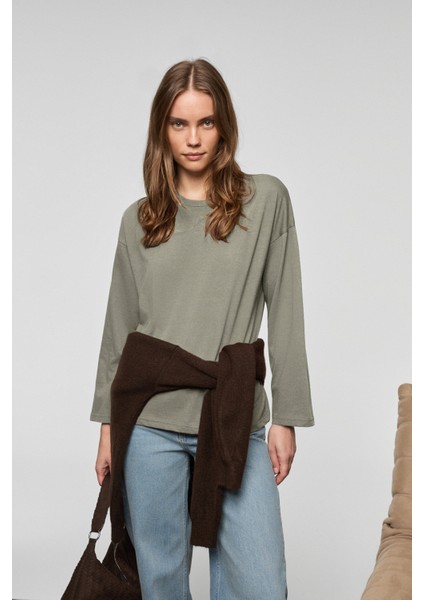 BASIL Kadını Oversize %100 Organik Pamuk Örme Uzun Kol Koyu Gri T-Shirt fiyatları