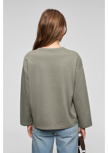 BASIL Kadını Oversize %100 Organik Pamuk Örme Uzun Kol Koyu Gri T-Shirt indirimleri