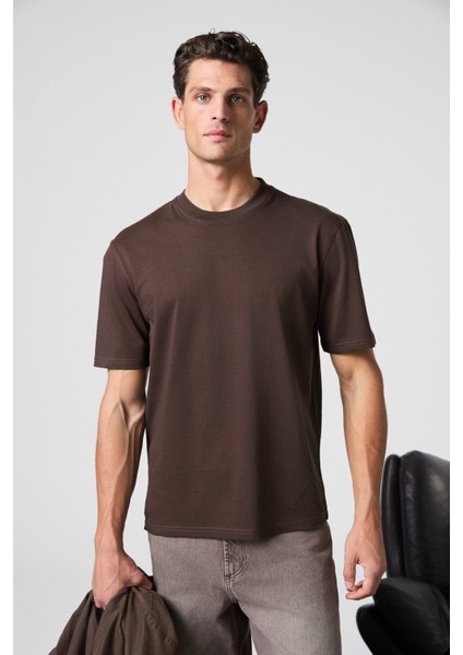 Solo Erkek %100 Organik Pamuklu Kalın Dokulu Comfort Fit Bisiklet Yakalı Kahverengi T-Shirt