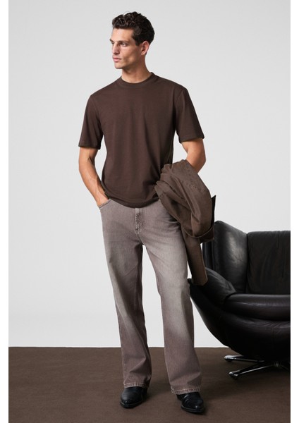 Solo Erkek %100 Organik Pamuklu Kalın Dokulu Comfort Fit Bisiklet Yakalı Kahverengi T-Shirt modelleri