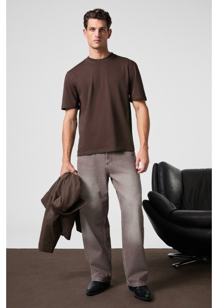 Solo Erkek %100 Organik Pamuklu Kalın Dokulu Comfort Fit Bisiklet Yakalı Kahverengi T-Shirt fırsatları