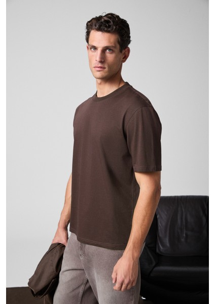 Solo Erkek %100 Organik Pamuklu Kalın Dokulu Comfort Fit Bisiklet Yakalı Kahverengi T-Shirt indirimleri