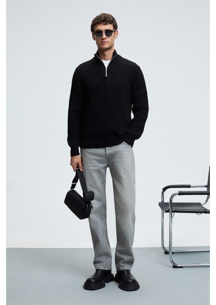 BERNARDO Erkek Yarım Fermuarlı Dik Yaka Triko Siyah Kazak fırsatları