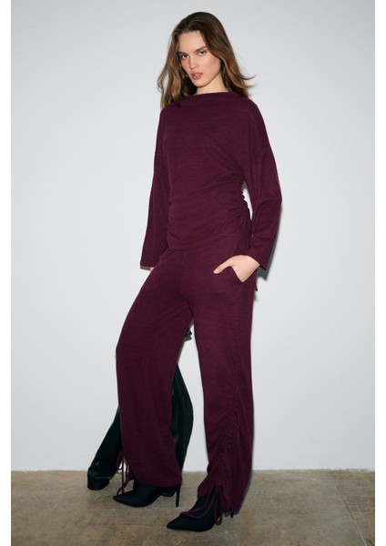 KANDIAS Kadın Yumuşak Ve Esnek Dokulu Yanlardan Fonksiyonel Büzgülü Bordo Eşofman Altı modelleri