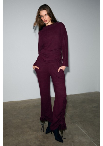 KANDIAS Kadın Yumuşak Ve Esnek Dokulu Yanlardan Fonksiyonel Büzgülü Bordo Eşofman Altı fırsatları