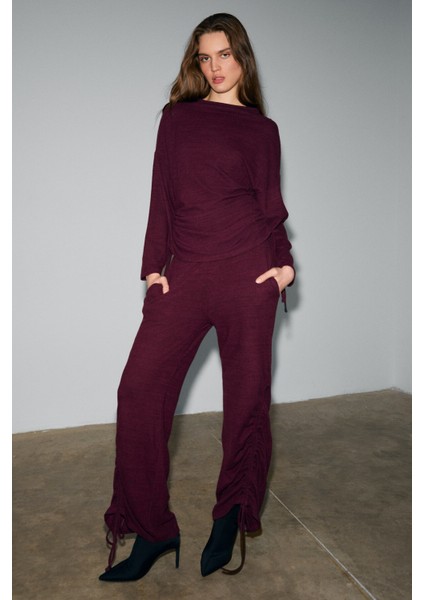 KANDIAS Kadın Yumuşak Ve Esnek Dokulu Yanlardan Fonksiyonel Büzgülü Bordo Eşofman Altı indirimleri