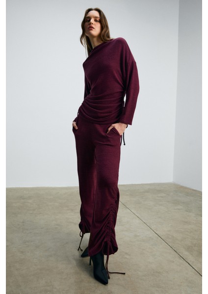 KANDIAS Kadın Yumuşak Ve Esnek Dokulu Yanlardan Fonksiyonel Büzgülü Bordo Eşofman Altı