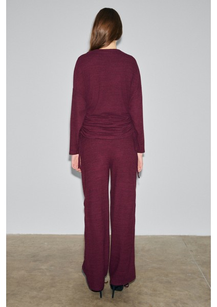 KANDIAS Kadın Yumuşak Ve Esnek Dokulu Yanlardan Fonksiyonel Büzgülü Bordo Eşofman Altı