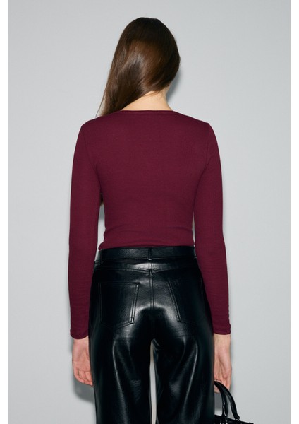 KALANI Kadın Uzun Kollu V Yaka Patlı Düğmeli Bordo Bluz