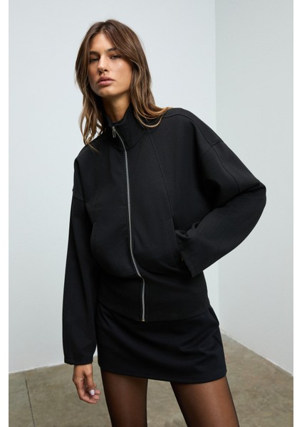 VIVETY Kadın Dik Yakalı Metal Fermuarlı Korse Görünümlü Bele Oturan Regular Siyah Ceket indirimleri