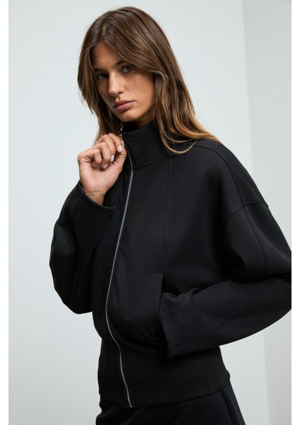 VIVETY Kadın Dik Yakalı Metal Fermuarlı Korse Görünümlü Bele Oturan Regular Siyah Ceket