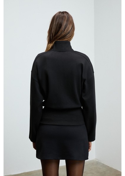 VIVETY Kadın Dik Yakalı Metal Fermuarlı Korse Görünümlü Bele Oturan Regular Siyah Ceket