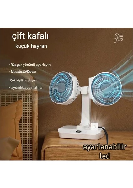Masaüstü Dijital Ekranlı Çift Fanlı LED Işıklı Soğutucu Fan Ev Ofis Şarjlı Vantilatör