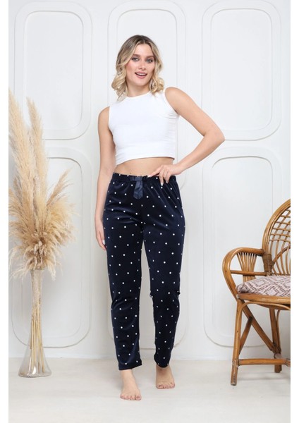 Kadife Pijama Altı Lacivert Üzerine Beyaz Pontiye Desenli Q7013 fiyatları
