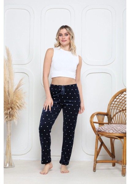 Kadife Pijama Altı Lacivert Üzerine Beyaz Pontiye Desenli Q7013 modelleri