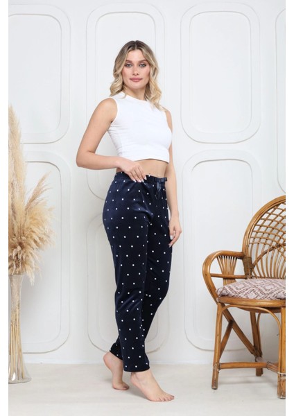 Kadife Pijama Altı Lacivert Üzerine Beyaz Pontiye Desenli Q7013 fırsatları