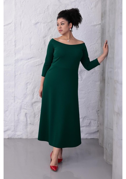 Kadın Yeşil Kayık Yaka Truvakar Kol Kuplu Büyük Beden Esnek Elbise fiyatları