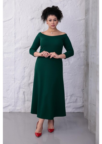 Kadın Yeşil Kayık Yaka Truvakar Kol Kuplu Büyük Beden Esnek Elbise modelleri