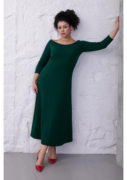 Kadın Yeşil Kayık Yaka Truvakar Kol Kuplu Büyük Beden Esnek Elbise fırsatları