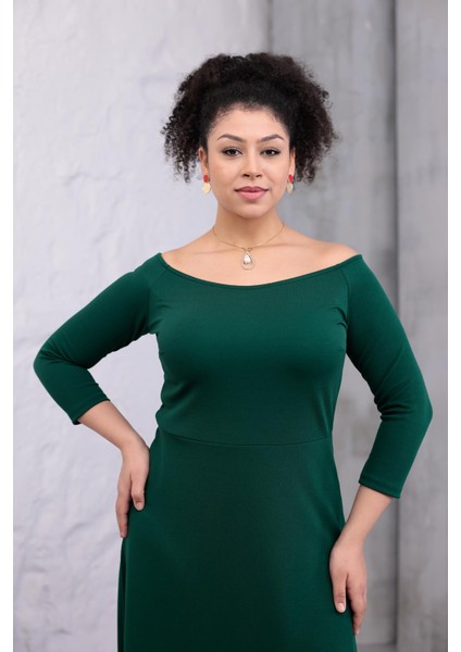 Kadın Yeşil Kayık Yaka Truvakar Kol Kuplu Büyük Beden Esnek Elbise indirimleri