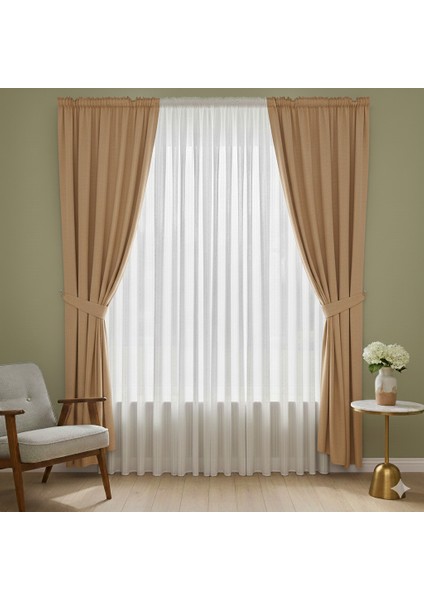 Ekonomik Perde Seti | 2 Adet Fon Perde Büzgülü (150X260) + 2 Adet Fon Perde Bağı + 1 Adet Sık Pileli Tül PERDE(300X260) | Ekru-Yıkama Torbası ve Stoper Kilit Hediyeli