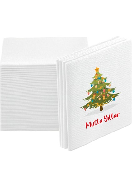 Kumaş Dokulu Yılbaşı Ağacı Baskılı Mutlu Yıllar Beyaz Peçete 12'li