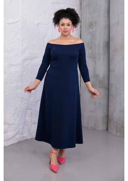 Kadın Lacivert Kayık Yaka Truvakar Kol Kuplu Büyük Beden Esnek Elbise fiyatları