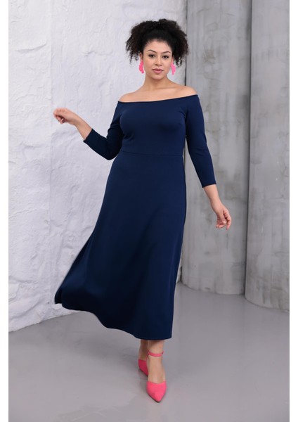 Kadın Lacivert Kayık Yaka Truvakar Kol Kuplu Büyük Beden Esnek Elbise modelleri