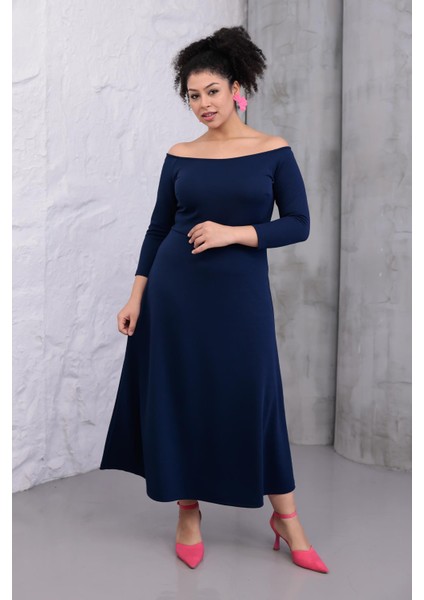 Kadın Lacivert Kayık Yaka Truvakar Kol Kuplu Büyük Beden Esnek Elbise fırsatları