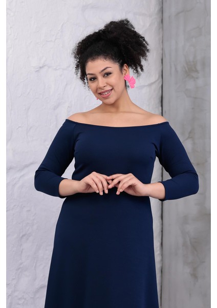 Kadın Lacivert Kayık Yaka Truvakar Kol Kuplu Büyük Beden Esnek Elbise indirimleri