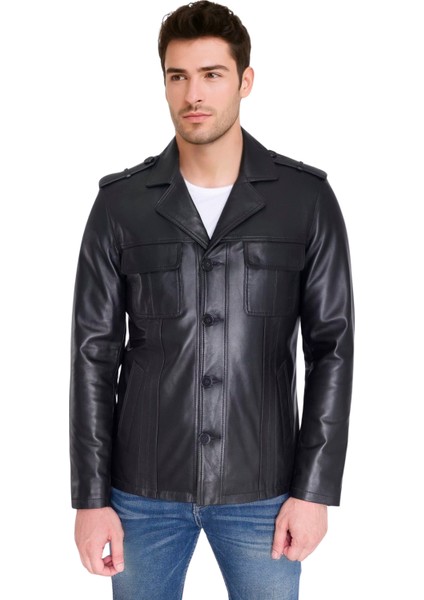 David Hakiki Deri Erkek Siyah Cep Kapaklı Spor Ceket