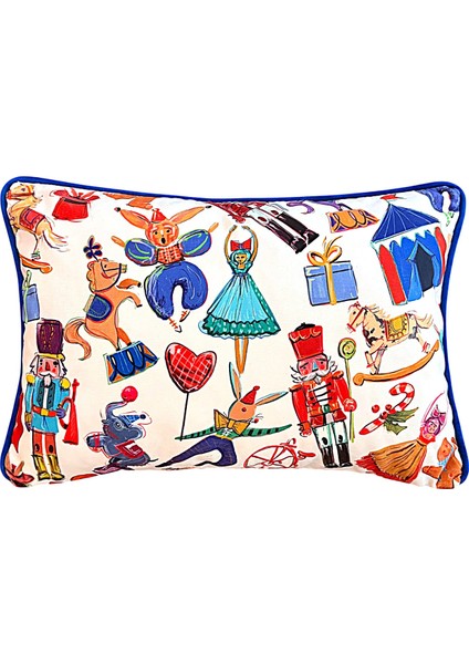 Sirk ve Nutcracker Desenli Dekoratif Kadife Yastık Kılıfı – 35X50 cm – Renkli Yılbaşı Tasarım Kırlent Kılıfı