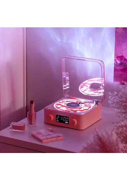 Waves Nostalji Plak Görünümlü Bluetooth Hoparlör 3D Ses Dalgası Retro Müzik Plak Pembe modelleri