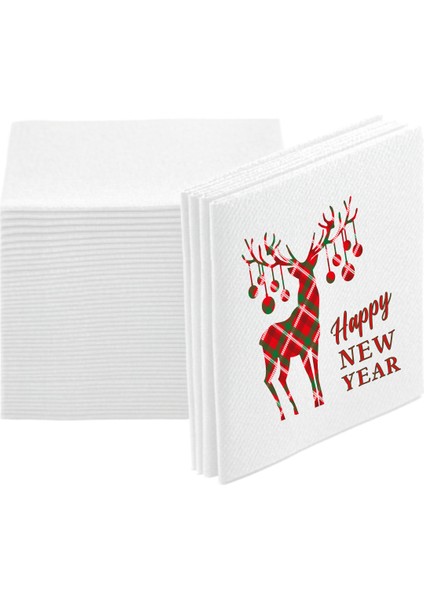 Kumaş Dokulu Deer Happy New Year Baskılı Beyaz Peçete 12'li