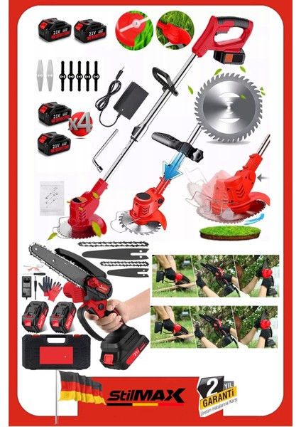 4 Lityum Bataryalı Akü Dahil Teleskopik Uzatmalı Ot Çayır Çim Biçme + Kömürsüz Dal Budama Makinesi