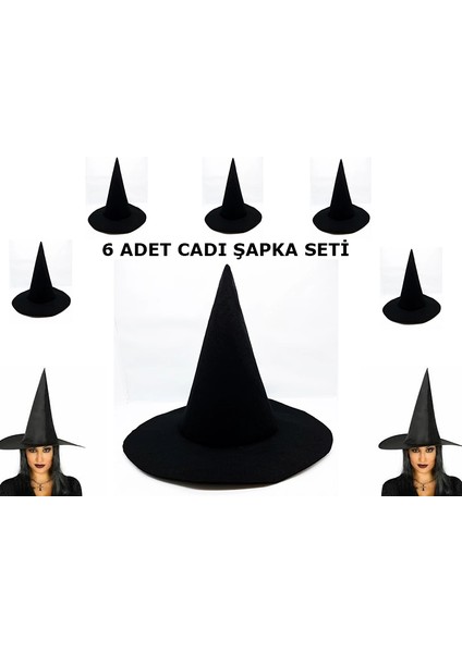 Siyah Cadı Şapkası Keçe Yetişkin Boy 6 Adet