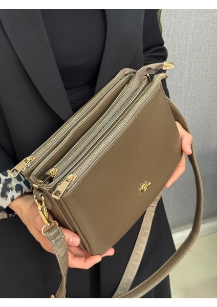 ,üç Bölmeli,fermuar Detaylı , Vizon Bayan Çapraz Çantası