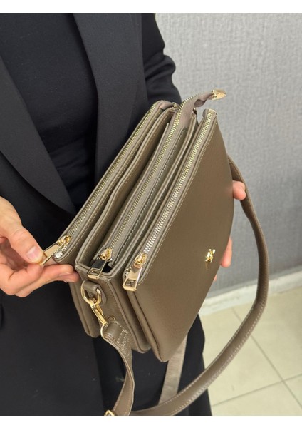 ,üç Bölmeli,fermuar Detaylı , Vizon Bayan Çapraz Çantası modelleri
